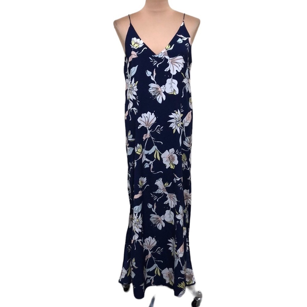 Francesca’s Collection Eilan Rose Cami Maxi Dress Size 6 Navy Blue Floral Print